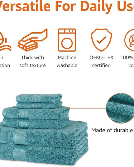 Amazon Basics Fade Resistant Bath, Hand and Washcloth Towel Set, 100% Cotton, Set of 6, 30 x 54 inches, Teal Green