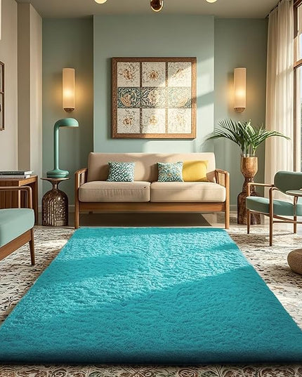 Ophanie Teal Rugs for Living Room Bedroom, 6x9 Fluffy Fuzzy Furry Carpet, Plush Soft Shaggy Bedside Indoor Floor Area Rug for Kids Girls Boys Baby Teen Dorm Nursery Home Decor Aesthetic