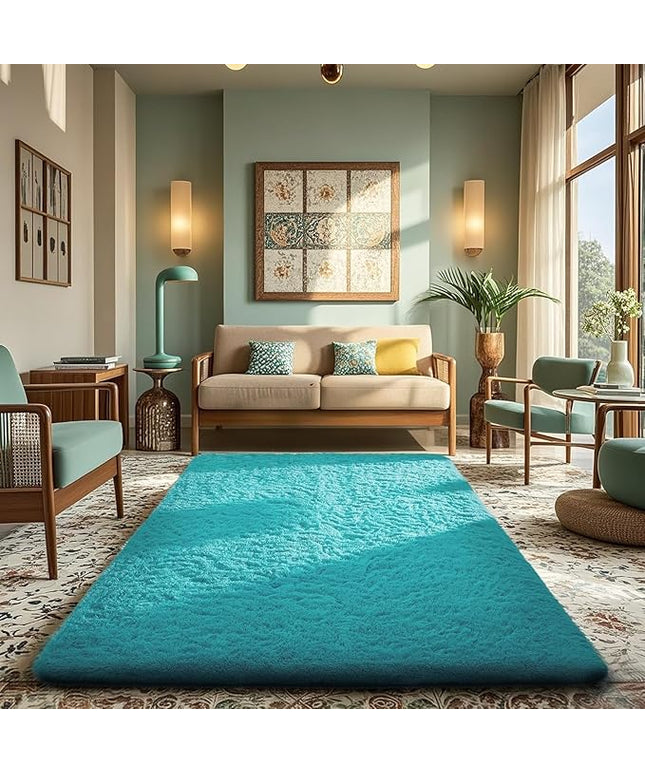 Ophanie Teal Rugs for Living Room Bedroom, 6x9 Fluffy Fuzzy Furry Carpet, Plush Soft Shaggy Bedside Indoor Floor Area Rug for Kids Girls Boys Baby Teen Dorm Nursery Home Decor Aesthetic