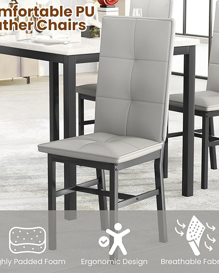 Hooseng Dining Table Set for 4, Modern Faux Marble Kitchen Table with 4 PU Leather Chairs, 5-Piece Small Dining Room Table Set for Dinette, Breakfast Nook, Grey