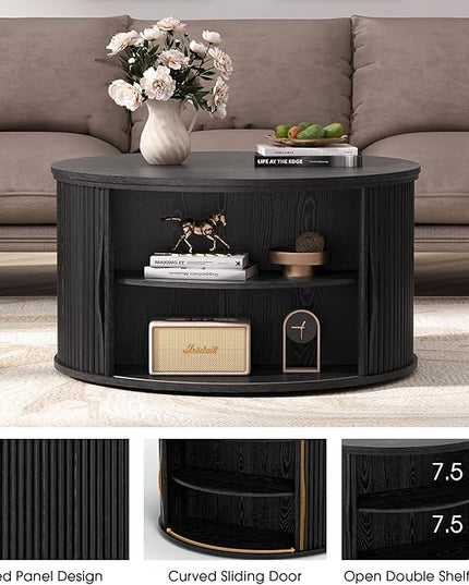 Round Coffee Table with Storage, 31.5" Drum Coffee Table with Lifting Top, Small Fluted Accent Center Table for Living Room, Black
