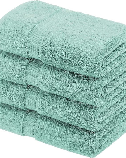Superior Egyptian Cotton Pile Hand Towel Set of 4, Ultra Soft Luxury Towels, Thick Plush Essentials, Absorbent Heavyweight, Guest Bath, Hotel, Spa, Home Bathroom, Shower Basics, Sea Foam