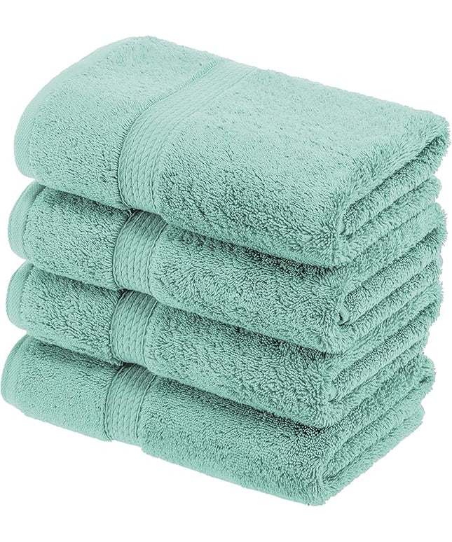 Superior Egyptian Cotton Pile Hand Towel Set of 4, Ultra Soft Luxury Towels, Thick Plush Essentials, Absorbent Heavyweight, Guest Bath, Hotel, Spa, Home Bathroom, Shower Basics, Sea Foam