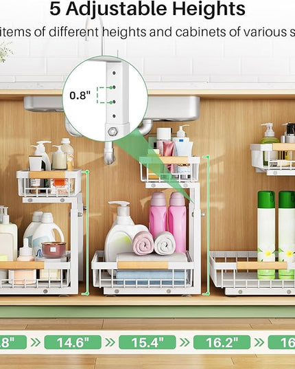 Under Sink Organizer, 2 Packs 2 Tier Under Sink Organizers and Storage, Slide out Pull out Cabinet Organizer Shelf, Metal Sliding Drawer for Kitchen Bathroom Pantry Closet Rack(White)