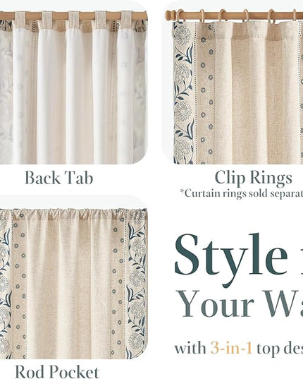 jinchan Winslow Lined Linen Curtains for Bedroom 63 Inches Linen Blended Embroidered Bordered Floral Curtains for Living Room Farmhouse Decor Window Treatments Blue on Beige Drapes 2 Panels