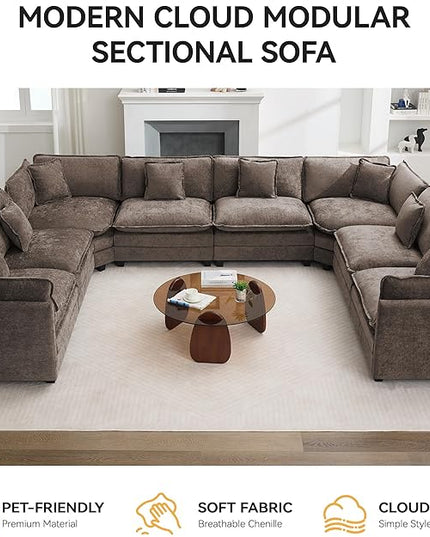 147'' Oversized U Shaped Cloud Sectional Sofa, Chenille Deep Seat Couches for Living Room, Comfy Upholstered Modular Sectional Sofa Couch, Brown