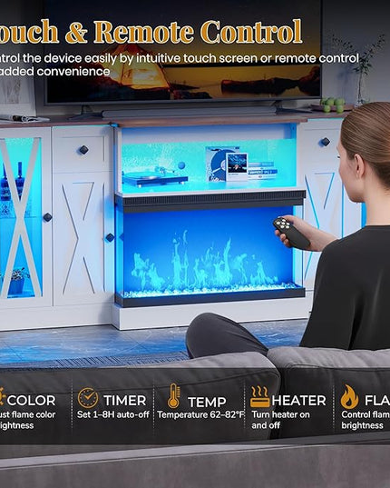 3-Sided Glass Farmhouse Electric Fireplace TV Stand, Farmhouse Entertainment Center with 36" Fireplace & LED Lights, 70'' Large TV Stands with with Glass Door Storage Cabinet (Farmhouse White)