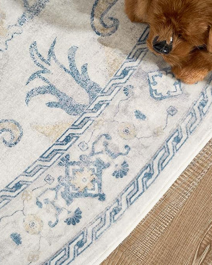 jinchan Round Rug 7ft Area Rug Vintage Floor Mat Kitchen Indoor Ultra-Thin Soft Floral Print Washable Circle 7' Accent for Farmhouse Non Slip Dining Room Living Room Bedroom Office Blue