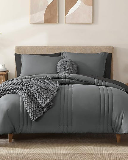 Monbix Full Comforter Set - 7 Pieces Grey Bed in a Bag Full Size Bedding Sets with Comforters, All Seasons Comforter with Sheets, Pillowcases & Shams