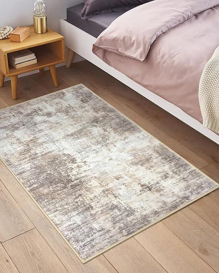 IOHOUZE Small Abstract Area Rug 2x3 Ft Entryway Rugs Washable Door Mat Indoor Entrance, Rubber Backed Throw Rugs, Printed Faux Wool Non Slip Floor Carpet for Foyer Front Door Sink, Beige Brown