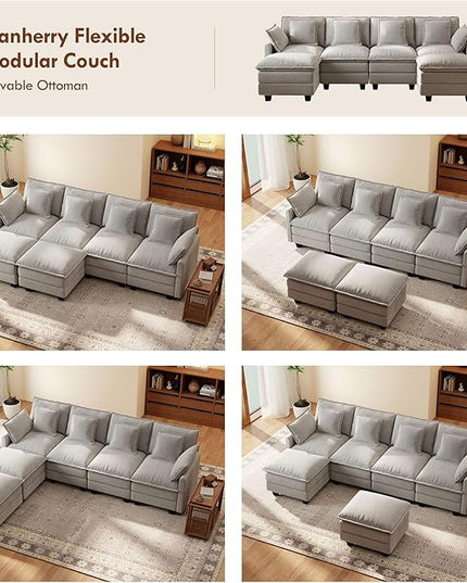 Ihanherry 106" U-Shaped Modern Sofa Modular Sectional Cloud Couch 6-Seat Chenille Seat Sofa with Ottoman for Living Room, Bedroom and Apartment, Grey