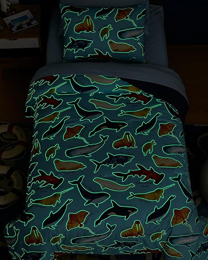 Twin Comforter Set for Boys-5 Pieces Ocean Animals Glow in The Dark Twin Bedding Sets for Kids, Ultra Soft Bed in A Bag with Sheets