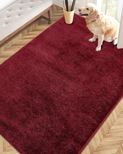 PURRUGS Easy Care Area Rug 4ft x 6ft, Non-Slip Machine Washable Entryway Rug, Dog Door Mat, Stain Resistant Accent Rug for Hallway, Living Room, Bedroom and Mudroom, Burgundy Red