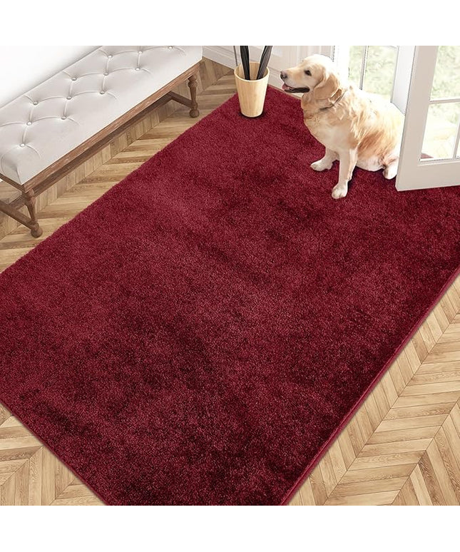 PURRUGS Easy Care Area Rug 4ft x 6ft, Non-Slip Machine Washable Entryway Rug, Dog Door Mat, Stain Resistant Accent Rug for Hallway, Living Room, Bedroom and Mudroom, Burgundy Red