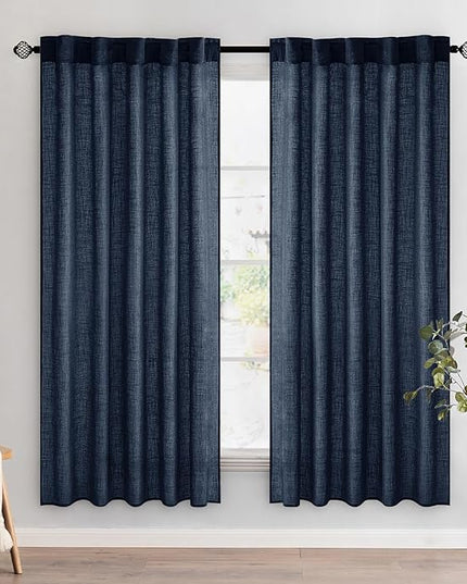 MIULEE Navy Blue Linen Curtains 72 Inch Length 2 Panels for Bedroom Living Room, Soft Thick Linen Textured Natural Window Drapes Semi Sheer Light Filtering Back Tab Rod Pocket Burlap Look Decor
