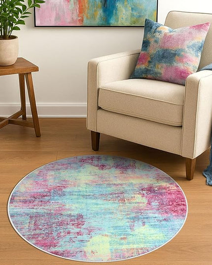 IOHOUZE Round Area Rug 3 Ft Circle Entryway Rugs Round Washable Door Mat Indoor Entrance, Non Slip Circle Front Door Rug, Printed Abstract Faux Wool Floor Carpet for Foyer Porch Sink, Pink Teal