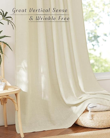 NICETOWN Linen Curtains 84 inch Long for Living Room?Rod Pocket/Back Tab Semi Sheer Curtains Flax Linen Blend Privacy Added with Light Filtering Drapes for Farmhouse, Butter, 1 Pair, 52" W x 84" L