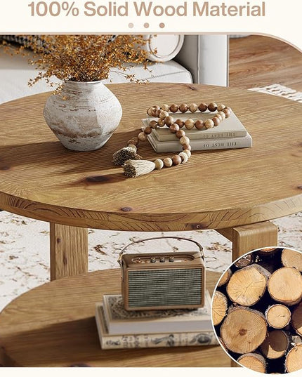 Tribesigns 30" Solid Wood Coffee Table, Round Small Coffee Table with 2-Tier Storage for Living Room, Farmhouse Brown Round Solid Wood Accent, Circle Center Furniture with Natural Texture Design