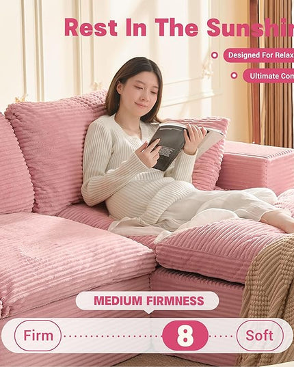 106.3” Sectional Couches for Living Room, Cloud Couch, Modular Sectional Sofa, Convertible Sofas Bed, Deep Seat Sofa, L Shaped Cozy Sofa Furniture Set, Corduroy, Pink