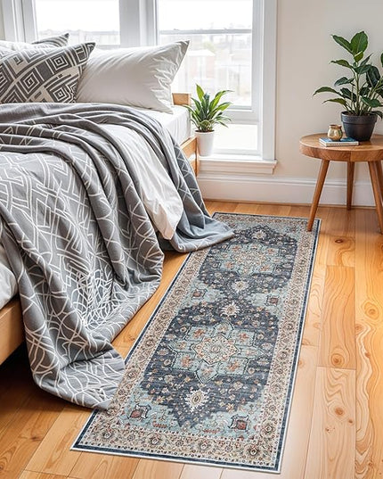 Washable Oriental Hallway Runner Rug - 2x6 Rugs for Living Room Soft Carpet for Bedroom Kitchen Waterproof Floral Distressed Indoor Stain Resistant Non-Shedding Floor Carpets (Blue/Teal/Orange, 2X6)