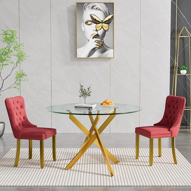 HomVent 3 Piece Round Glass Dining Table Set, Tempered Glass Dinner Table Set for 2 Kitchen Table Set with 2 Velvet Upholstered Chairs for Kitchen Dining Room