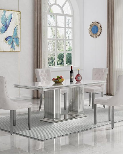 HomVent 68.11'' Rectangle Dining Table Set for 4, Modern Faux Marble Table Top & Stainless Steel Base (Silver with 4 Beige Chairs, 5 Pieces)