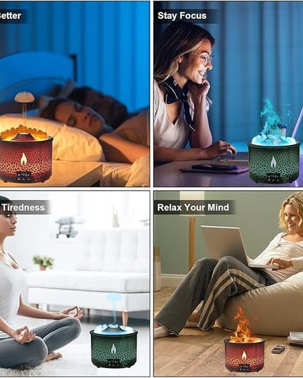 Volcano Humidifier Quiet Flame Diffuser: 300ml Spray Humidifier with 2 Modes Fire Mist Waterless Auto Shut Off Aromatherapy Diffuser with Remote Control for Bedroom Home, Office(Red & Blue)