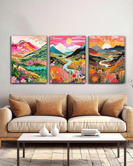 DUWQU 3 piece Colorful Watercolor Mountain Canvas Wall Art Boho Floral Painting Picture Wall Decor Abstract Nature Landscape Poster Print Artwork for Living Room Bedroom Bathroom Office 16x24 Inches