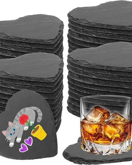 48 PCS Slate Drink Coasters Bulk,4 Inch Black Slate Stone Coasters for Office, Home Decor,Laser Engraving Blanks with Anti-Scratch Bottoms for Coffee Bar Kitchen(Heart)