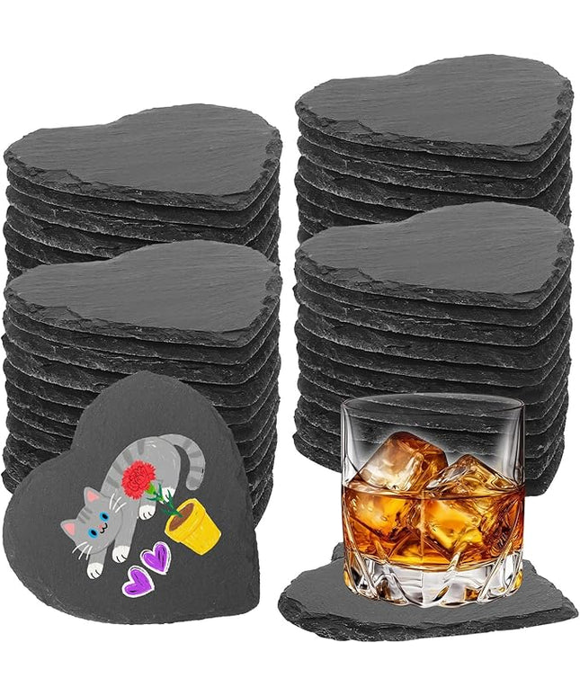 48 PCS Slate Drink Coasters Bulk,4 Inch Black Slate Stone Coasters for Office, Home Decor,Laser Engraving Blanks with Anti-Scratch Bottoms for Coffee Bar Kitchen(Heart)
