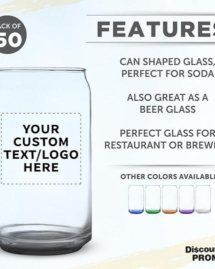 Custom Beer Can Glasses Set of 50, 16 oz. Pint Sized, Promotional Text, Logo, Soda Can Shape, Glassware, Black