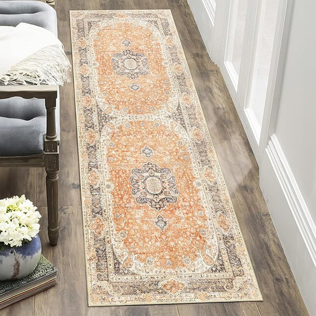 Washable Runner Rug 2x6,Boho Rug Runners Non Slip,Long Rugs for Hallways Kitchen Bedroom Entryway Bathroom,Vintage Bohemian Distressed Farmhouse Floor Carpet,Retro Orange Grey Floral