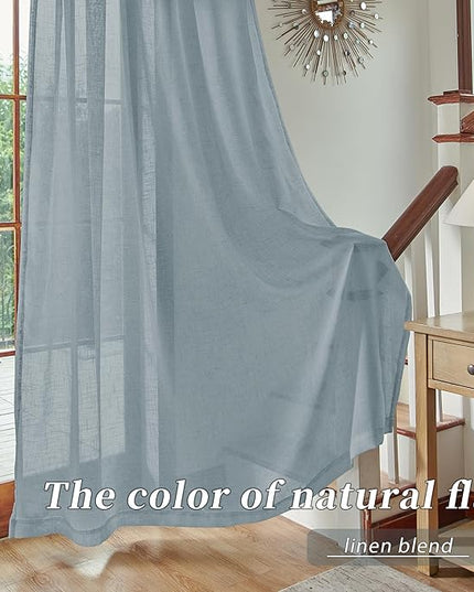 DUALIFE Dusty Blue Extra Long Sheer Linen Curtain Panels 108 Inches for Living Room Back Tab Rod Pocket Light Filtering Farmhouse Semi Sheer Linen Curtains for Large Tall Window, 52x108 2 Panels