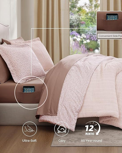 Full Comforter Set - 7 Pieces Pink Gauze Muslin Bedding Sets for All Seasons, Lightweight Breathable Bed in a Bag Full with Revesible Farmhouse Comforter, Sheets, Pillowcases & Sham