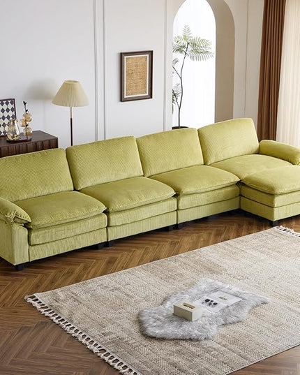 VINGLI 156" Cloud Corduroy Sectional Sofa, Comfy L-Shaped Extra Deep Seat Sofa Couch for Living Room,Modern 4-Seat Convertible Loveseat Sofa with Ottoman for Small Space(Olive Green)