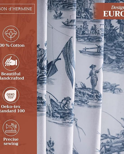 Maison d' Hermine Curtains for Living Room 100% Cotton 108 inch Length One Panel Light Filtering Toile Curtains for Bedroom with Rod and Loop Pockets (Calais Blue (White Background), 50" W x 108" L)