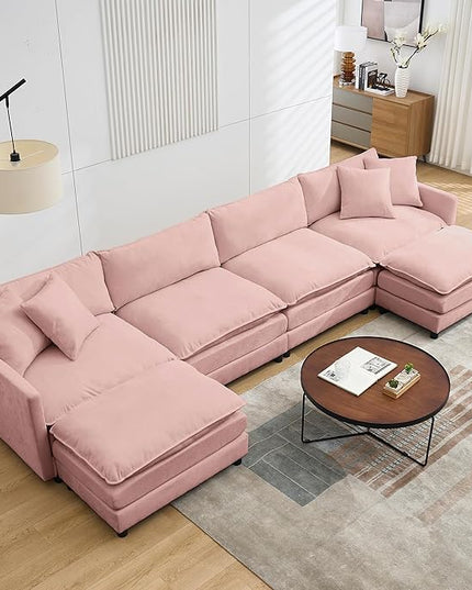 Modular Sectional Sofa,143.31'' Modern Sofa Sleeper Couch,Comfy Cloud Couches with 4 Seat & 2 Ottoman & 4 Pillows Sofa Set,Deep Seat Sofa with Movable Ottoman for Living Room,Chenille (Pink, U shaped)