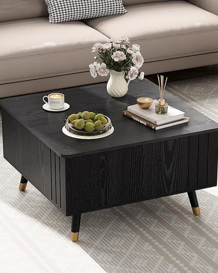 Lift Top Coffee Table with Storage, Mid Century Modern Coffee Table with Solid Wood Legs, 31.5" Square Center Table for Living Room, Home Office, Black