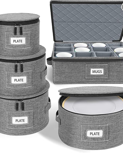 Cirhy Reinforced China Storage Containers, 5-Piece Dinnerware & Mug Organizer Set with Quilted Padding and Felt Dividers, Stackable Boxes for Dishes, Cups & Fine China, Ideal for Moving and Kitchen