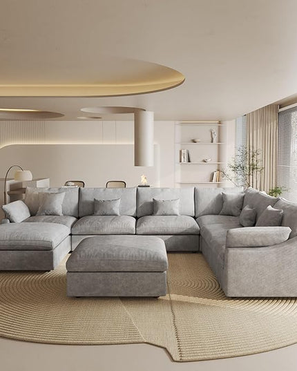 Cloud Couch Modular Sectional Sofa,160" U Shaped Couch, Down Filled Convertible Wide Seater with Ottoman, 8 Seater for Living Room Set,Covers Washable&Replaceable,Gray