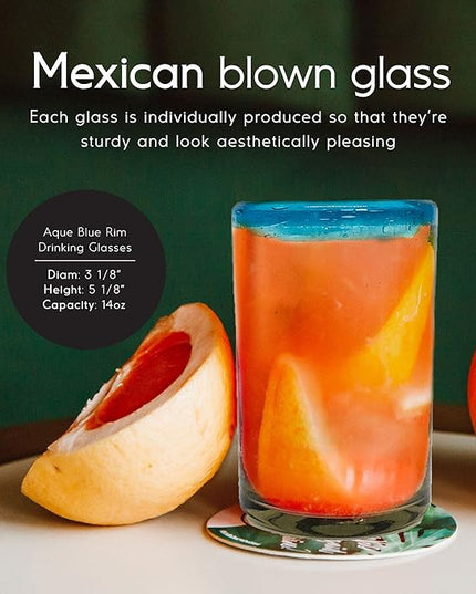 Aqua Blue Rim 120 oz Pitcher and 6 Drinking Glasses set, Recycled Glass, Lead-free, Toxin-Free (Pitcher & Glasses)