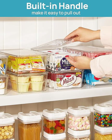 Vtopmart 12pcs Clear Organizers and Storage Bins with Lids, Stackable Plastic Storage Containers with Handles for Fridge, Freezer, Pantry, Cabinet, Kitchen Organization