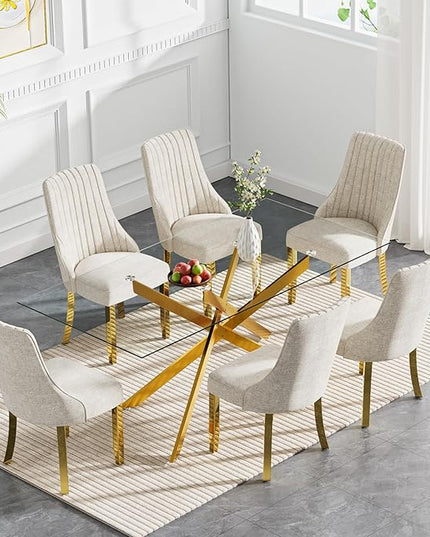 Rectangle Glass Dining Table Set for 6, 52'' Kitchen Table and Chairs Set, 7PCS Modern Dining Room Table Set with 6 Dining Chair for Home