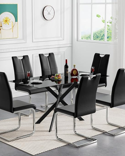 HomVent 7 Pieces Rectangular Glass Dining Table Table Set, Black Glass Dining Table Set for 6 Kitchen Table Set with 6 PU Dining Chairs for Kitchen Dining Room (Black-Table with 6 Black Chairs)
