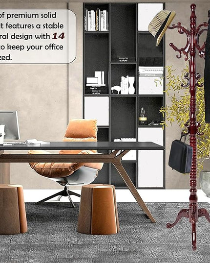 Coat Racks Free Standing with 14 Hooks, Natural Wood Coat Stands for Entryway, Adjustable Height 73 in Tree Coat Rack Stand for Hallway Home Office Bedroom (Mahogany triangle)