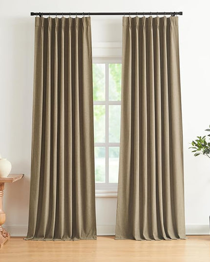 Vision Home Brown Pinch Pleated Full Blackout Curtains Linen Blended Room Darkening Window Curtains 120 inch for Living Room Bedroom Thermal Insulated Pinch Pleat Drapes with Hooks 10ft 40" Wx120 Lx2