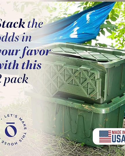 HOMZ 2-Pack Durabilt Tote, Heavy Duty Plastic Storage Bins with Lids, 15 Gallon, Green Camo - Stackable Organizing Containers for Home, Garage, and Office