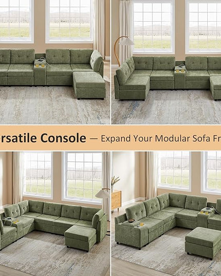VANOMi 4 Seater Cloud Couches for Living Room with 2 Ottomans, 118" Modular Sectional Sofas & Couches, Comfy Chenille Cloud Sectional Couch Sofa for Apartment, Office, Green, U Shaped