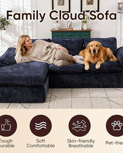 105.6”L Shape Modular Sectional Couch for Living Room, Modern Cloud Sectional 3 Seat Sofa with Oversized Chaise, Woven Texture Upholstery Boneless Couch (Blue, Left Facing Chaise)