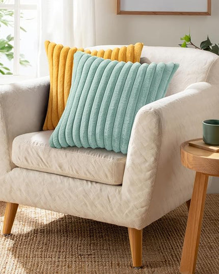 Pallene Faux Fur Plush Throw Pillow Covers 18x18 Set of 2, Luxury Soft Fluffy Striped Decorative Pillow Covers for Sofa, Couch, Living Room, Aqua